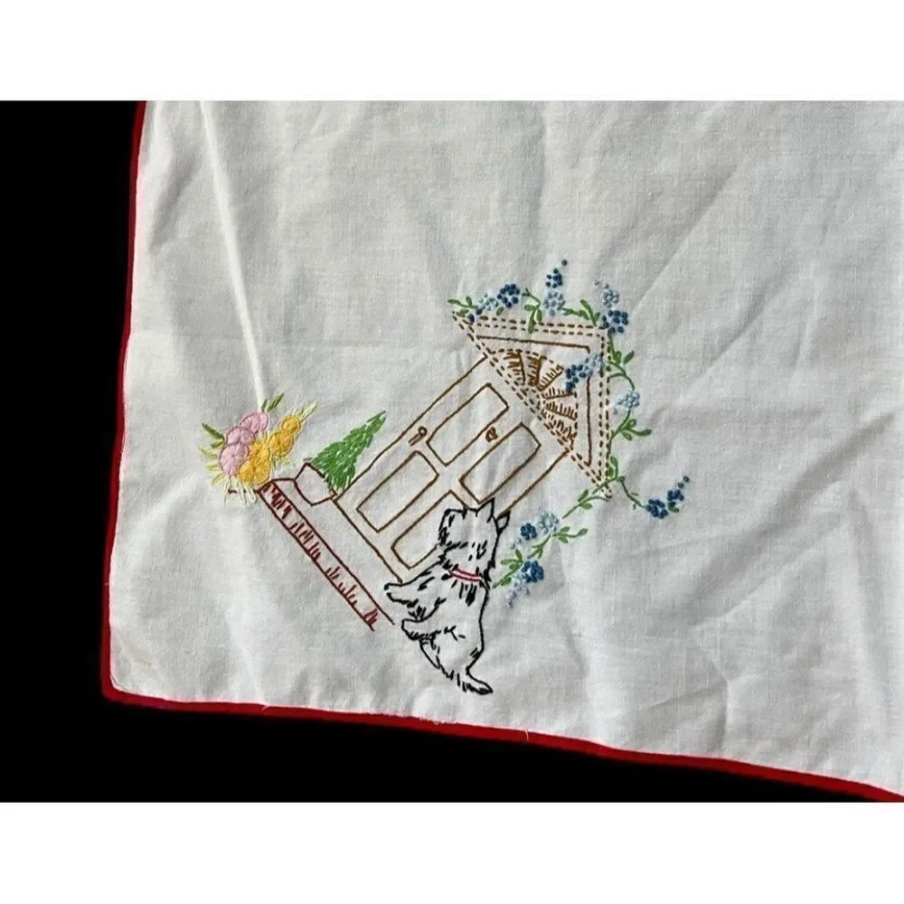 Hand Embroidered Scottish Terrier Bridge Card Table Tablecloth Scottie Dog